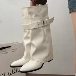 New Women Wrinkle Fold Knee High Boots Metal Buckle Strap Thick Heel Soft PU Leather Boots Autumn Streetwear Mordern Booties