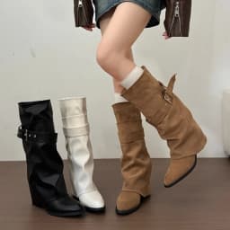 New Women Wrinkle Fold Knee High Boots Metal Buckle Strap Thick Heel Soft PU Leather Boots Autumn Streetwear Mordern Booties