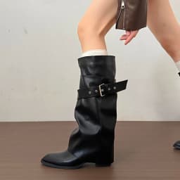 New Women Wrinkle Fold Knee High Boots Metal Buckle Strap Thick Heel Soft PU Leather Boots Autumn Streetwear Mordern Booties