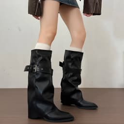 New Women Wrinkle Fold Knee High Boots Metal Buckle Strap Thick Heel Soft PU Leather Boots Autumn Streetwear Mordern Booties