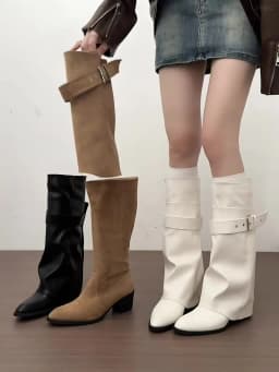 New Women Wrinkle Fold Knee High Boots Metal Buckle Strap Thick Heel Soft PU Leather Boots Autumn Streetwear Mordern Booties