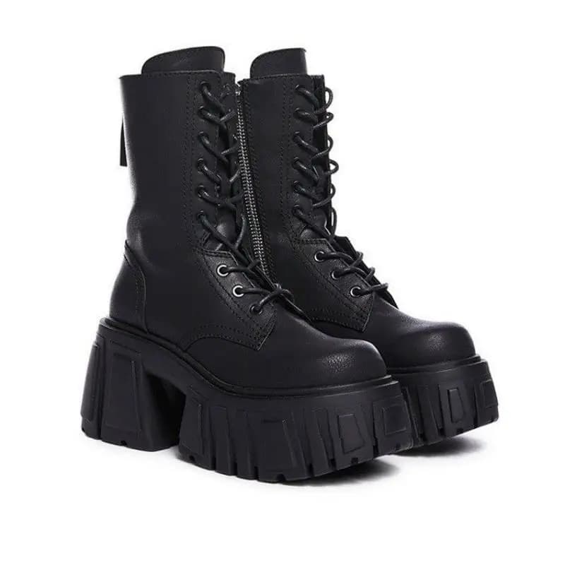 Women Chunky Platform Ankle Boots Gothic High Block Heel Lace Up Combat Boots Side Zipper Mid Calf Motorcycle Punk Shoes 2026