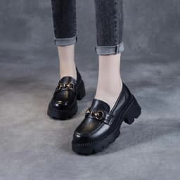 Platform Shoes Spring Summer Genuine Leather Loafers Women's Metal Buckle Single Shoes Elevated Thick Sole Small Leather Shoes