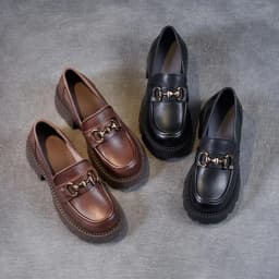 Platform Shoes Spring Summer Genuine Leather Loafers Women's Metal Buckle Single Shoes Elevated Thick Sole Small Leather Shoes