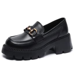 Platform Shoes Spring Summer Genuine Leather Loafers Women's Metal Buckle Single Shoes Elevated Thick Sole Small Leather Shoes