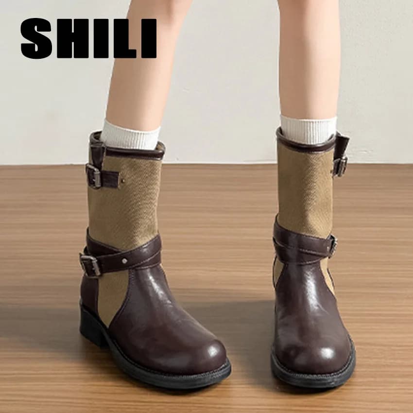 Retro PU Splicing Cowboy Mid-Calf Boots Women Folding Double Wear Wide Barrel Short Boots Thick Heel Square Head Knight Boots