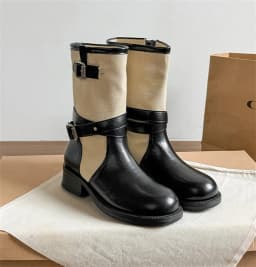 Retro PU Splicing Cowboy Mid-Calf Boots Women Folding Double Wear Wide Barrel Short Boots Thick Heel Square Head Knight Boots