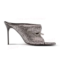 Sparkling Crystals Heeled Mules Women Front Pierced Open Pointed-Toe Mules Feminine Sexy Slip-On High Heels Shoes