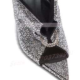 Sparkling Crystals Heeled Mules Women Front Pierced Open Pointed-Toe Mules Feminine Sexy Slip-On High Heels Shoes