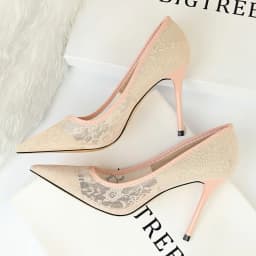Women's Stiletto Pumps 1853-1 Sexy Pointed Toe Lace Mesh Hollow Out Slimming Dress High Heels