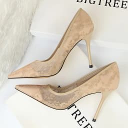 Women's Stiletto Pumps 1853-1 Sexy Pointed Toe Lace Mesh Hollow Out Slimming Dress High Heels