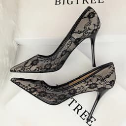 Women's Stiletto Pumps 1853-1 Sexy Pointed Toe Lace Mesh Hollow Out Slimming Dress High Heels