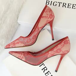 Women's Stiletto Pumps 1853-1 Sexy Pointed Toe Lace Mesh Hollow Out Slimming Dress High Heels