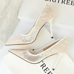 Women's Stiletto Pumps 1853-1 Sexy Pointed Toe Lace Mesh Hollow Out Slimming Dress High Heels