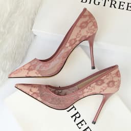 Women's Stiletto Pumps 1853-1 Sexy Pointed Toe Lace Mesh Hollow Out Slimming Dress High Heels