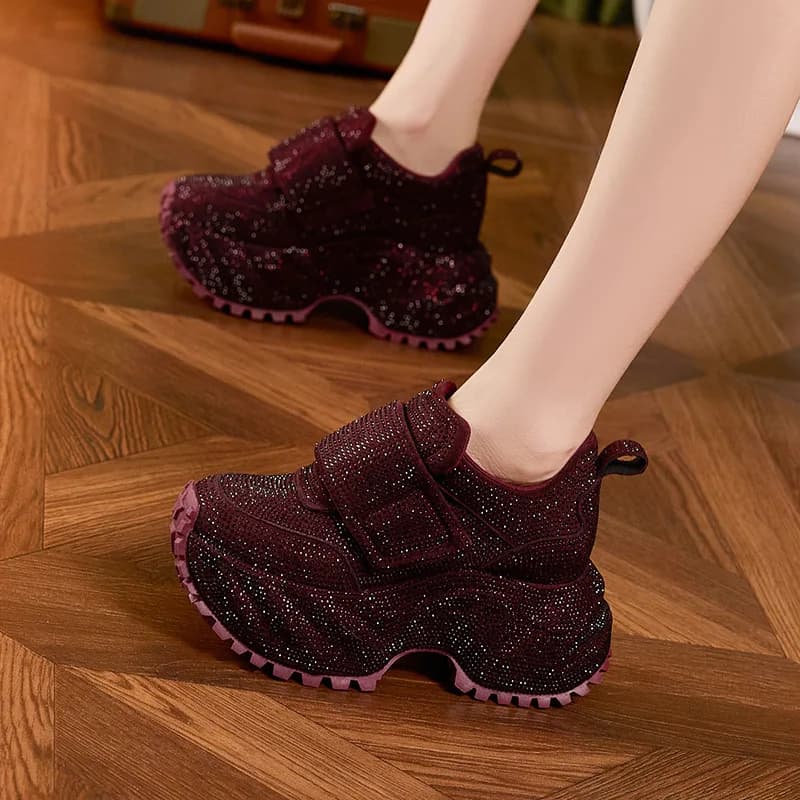 8.5CM Women Full Diamond Thick Soled Casual Shoes New Autumn Bling Rhinestone Chunky Sneakers High Platform Walking Sports Shoes