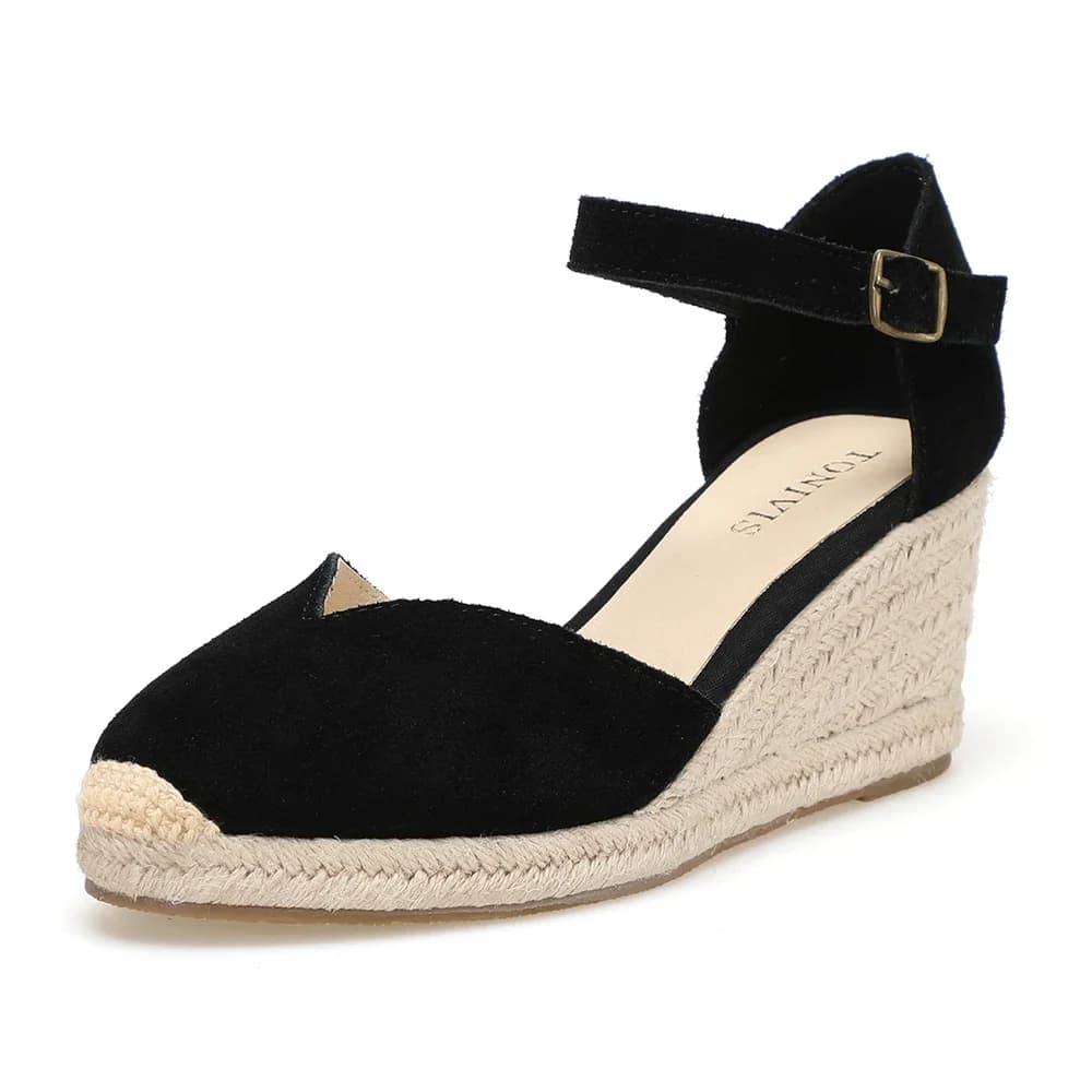 Wedge Heel Shoes Genuine Leather Women's Sandals with Ankle-wrap and 5-8cm for Ladies