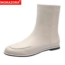 MORAZORA Size 34-43 Flat Boots Women's Genuine Leather Ankle Boots Round Toe Zipper Autumn Winter Fashion Booties Ladies Shoes