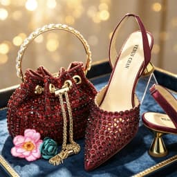 Luxury Wine Red Rhinestone Heels & Bag Set | Crystal Slingback Pumps, Womens Wedding Bridal Evening Prom Party Match Shoes Purse