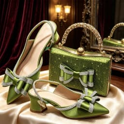 Elegant Black Satin Rhinestone Bow Slingback Heels & Clutch Bag Set, Women Bridal Matching Kit For Wedding Party Evening Prom Fo