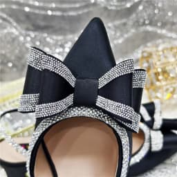 Elegant Black Satin Rhinestone Bow Slingback Heels & Clutch Bag Set, Women Bridal Matching Kit For Wedding Party Evening Prom Fo