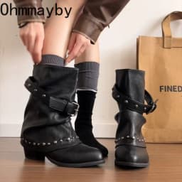 Rivet Buckle Women Mid Calf Boots Round Toe Pants Tube Leather Boots Autumn Winter Vintage Ladies Slip On Western Cowboy Boots