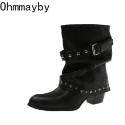 Rivet Buckle Women Mid Calf Boots Round Toe Pants Tube Leather Boots Autumn Winter Vintage Ladies Slip On Western Cowboy Boots