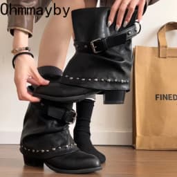 Rivet Buckle Women Mid Calf Boots Round Toe Pants Tube Leather Boots Autumn Winter Vintage Ladies Slip On Western Cowboy Boots