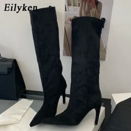Eilyken 2026 New Winter Punk Pointed Toe Knee High Women Boots Thin Heels Shoes Female Vintage Long Booties Zapatos De Muje