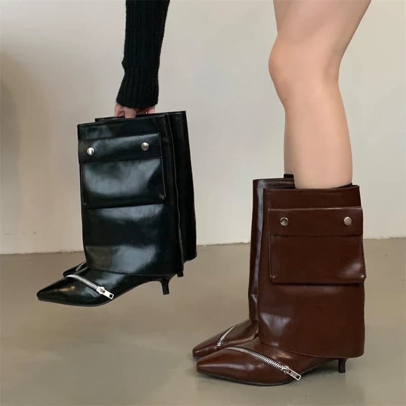 2027 New Fashion Design Pointed Toe Ankle Boots Women Splicing Button Pocket Banquet Thin Low Heels Zipper Ladies Shoes