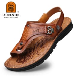LAORENTOU genuine leather sandals for men's outdoor leisure, flip flops with soft soles and anti slip external wearing sandals