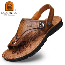 LAORENTOU genuine leather sandals for men's outdoor leisure, flip flops with soft soles and anti slip external wearing sandals