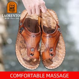 LAORENTOU genuine leather sandals for men's outdoor leisure, flip flops with soft soles and anti slip external wearing sandals