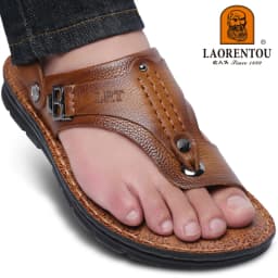 LAORENTOU genuine leather sandals for men's outdoor leisure, flip flops with soft soles and anti slip external wearing sandals