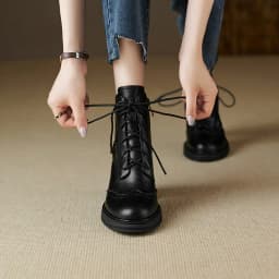 NEW Spring Shoes Women Round Toe Chunky Heel Boots Split Leather Shoes for Women High Heel Platform Boots Elegent Ladies Shoes