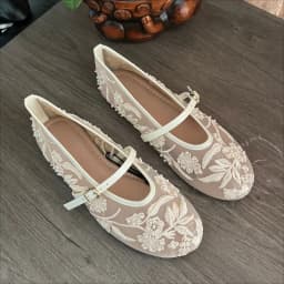 Women's Ballet Flats Ballerina Shoes 2025 Summer New White Mary Jane Comfortable Embroidered Mesh Buckle Strap Elegant