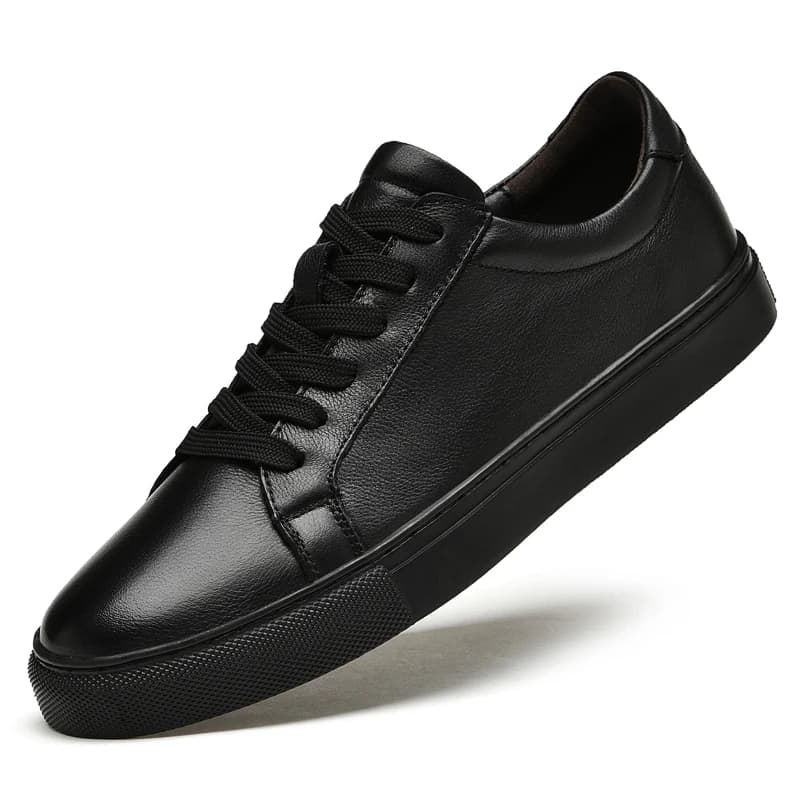Pure Black Skateboarding Shoes Men Genuine Leather Sneakers Casual Flat Shoes Plus Big Size 48 49 50 Spring Autumn High Quality