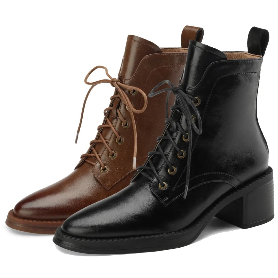 Women's genuine leather lace-up side zip autumn ankle boots casual female punk short motorcycle boots shoes for woman 2025 new