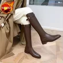 2026 Vintage Femmes Mince Genou-Bottes Mode Ceinture Boucle Chaussures Automne Hiver Talon Bas Dames Moderne Longs Chaussons