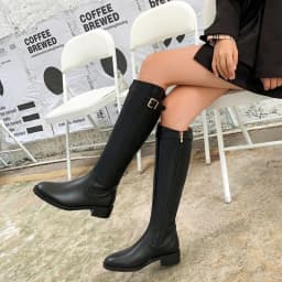 2026 Vintage Femmes Mince Genou-Bottes Mode Ceinture Boucle Chaussures Automne Hiver Talon Bas Dames Moderne Longs Chaussons