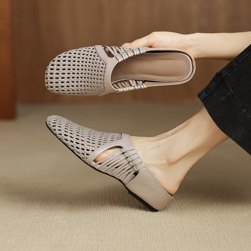 2026 new summer women sandals natural leather 22-25cm sheepskin+weave fabric hollow-out mules high heel women slippers fashion