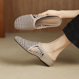 2026 new summer women sandals natural leather 22-25cm sheepskin+weave fabric hollow-out mules high heel women slippers fashion