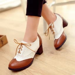 British Women Oxfords High Square Block Heels Pumps Black Brown Patchwork Round Toe Lace Up Casual Office Vintage Ladies Brogues