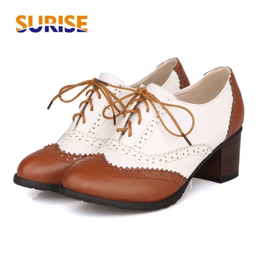 British Women Oxfords High Square Block Heels Pumps Black Brown Patchwork Round Toe Lace Up Casual Office Vintage Ladies Brogues