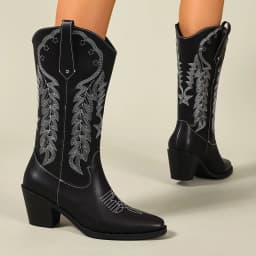 Black Embroidered Western Boots with Chunky Mid-Heel, Square Toe, Bohemian Style, European and American Style, Mid-Calf Boots, Versatile, Elegant, Suitable for Office, Commuting, Daily Wear, Vacation, Fashionable Women's Boots