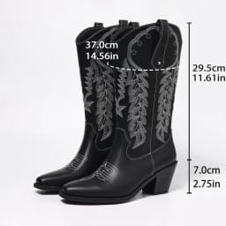 Black Embroidered Western Boots with Chunky Mid-Heel, Square Toe, Bohemian Style, European and American Style, Mid-Calf Boots, Versatile, Elegant, Suitable for Office, Commuting, Daily Wear, Vacation, Fashionable Women's Boots