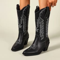 Black Embroidered Western Boots with Chunky Mid-Heel, Square Toe, Bohemian Style, European and American Style, Mid-Calf Boots, Versatile, Elegant, Suitable for Office, Commuting, Daily Wear, Vacation, Fashionable Women's Boots