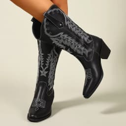 Black Embroidered Western Boots with Chunky Mid-Heel, Square Toe, Bohemian Style, European and American Style, Mid-Calf Boots, Versatile, Elegant, Suitable for Office, Commuting, Daily Wear, Vacation, Fashionable Women's Boots