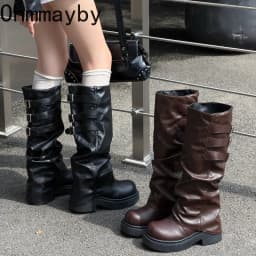 Vintage Platform Thick Sole Women Knee High Boots Fashion Ladies Multi Buckle Leather Long Booties Botas De Inverno Feminina
