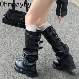 Vintage Platform Thick Sole Women Knee High Boots Fashion Ladies Multi Buckle Leather Long Booties Botas De Inverno Feminina